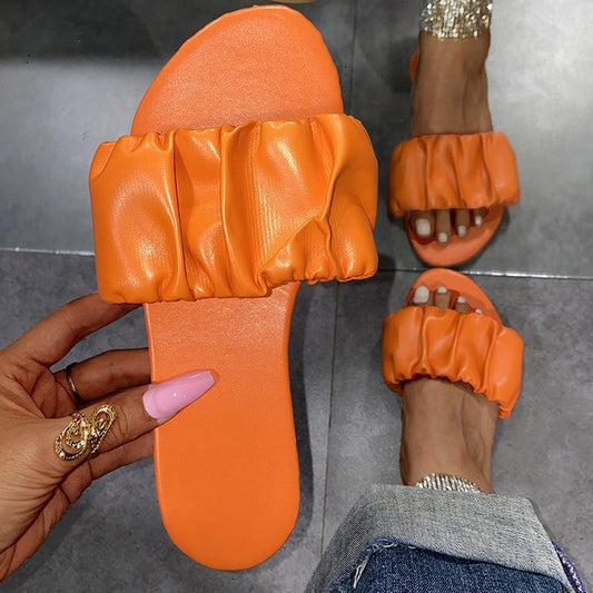 Summer Flat Slippers Pleated Design Sandals Women's Beach Shoes