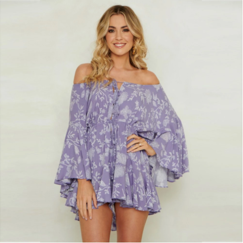 Summer New Print Sexy Short Playsuits Women's Casual Comfortable Butterfly Sleeve Slash Neck Jumpsuit Beach Party Romper Fashion